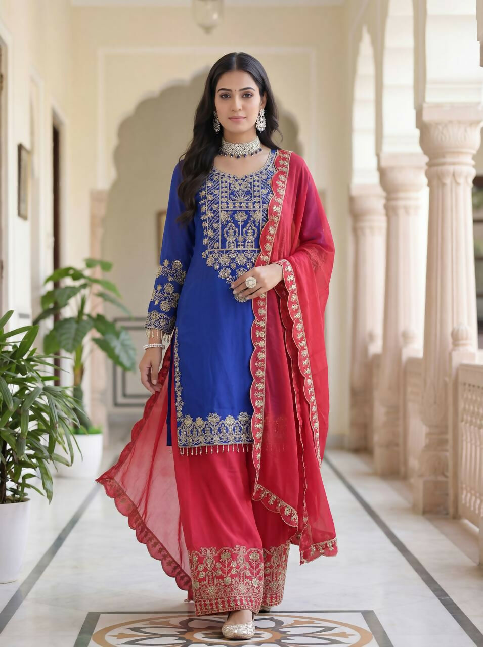 Joban Fashion Blue Silk Embroidered Sharara Set | Grocsy