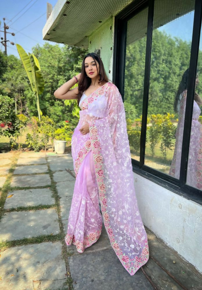 Vamsee Zoya Lavender Organza Silk Saree | Grocsy