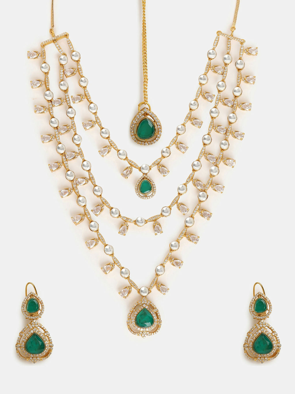 Ruby Raang 22k Gold Polished Layered Kundan And Emerald Necklace With Earrings And Maang Tikka | Grocsy