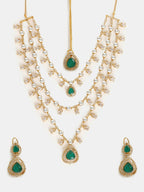 Ruby Raang 22k Gold Polished Layered Kundan And Emerald Necklace With Earrings And Maang Tikka | Grocsy