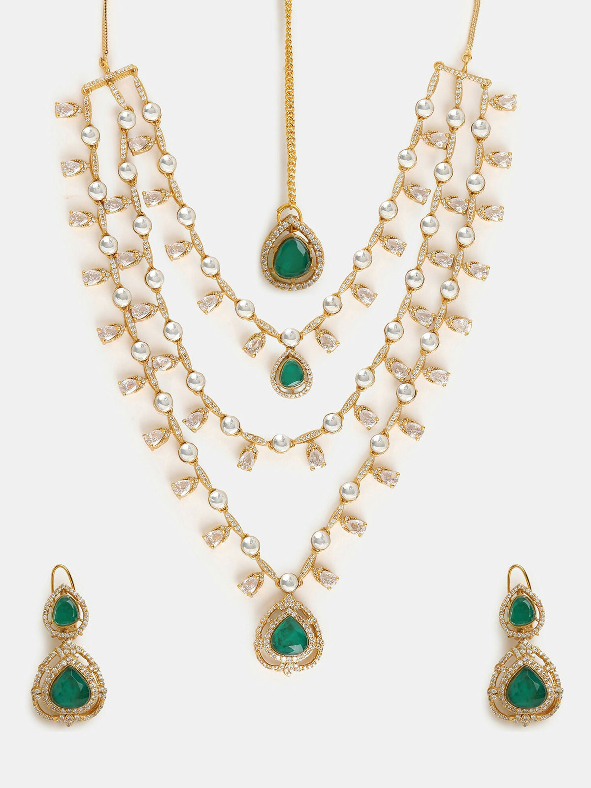 Ruby Raang 22k Gold Polished Layered Kundan And Emerald Necklace With Earrings And Maang Tikka | Grocsy