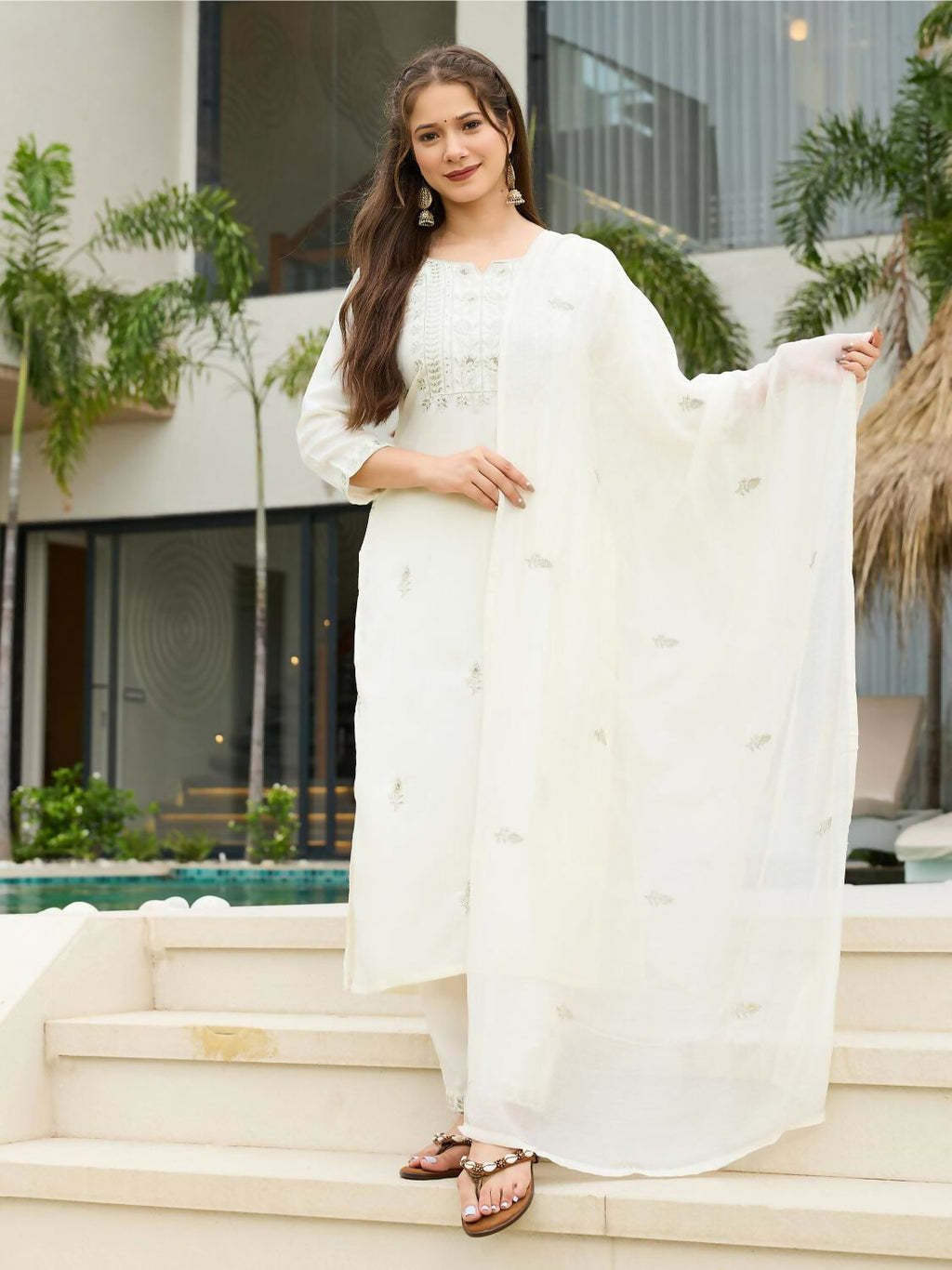 The52 White Women's Beautiful Rayon Slub Fabric Embroidered Work Straight Kurta, Pant and Dupatta Set | Grocsy
