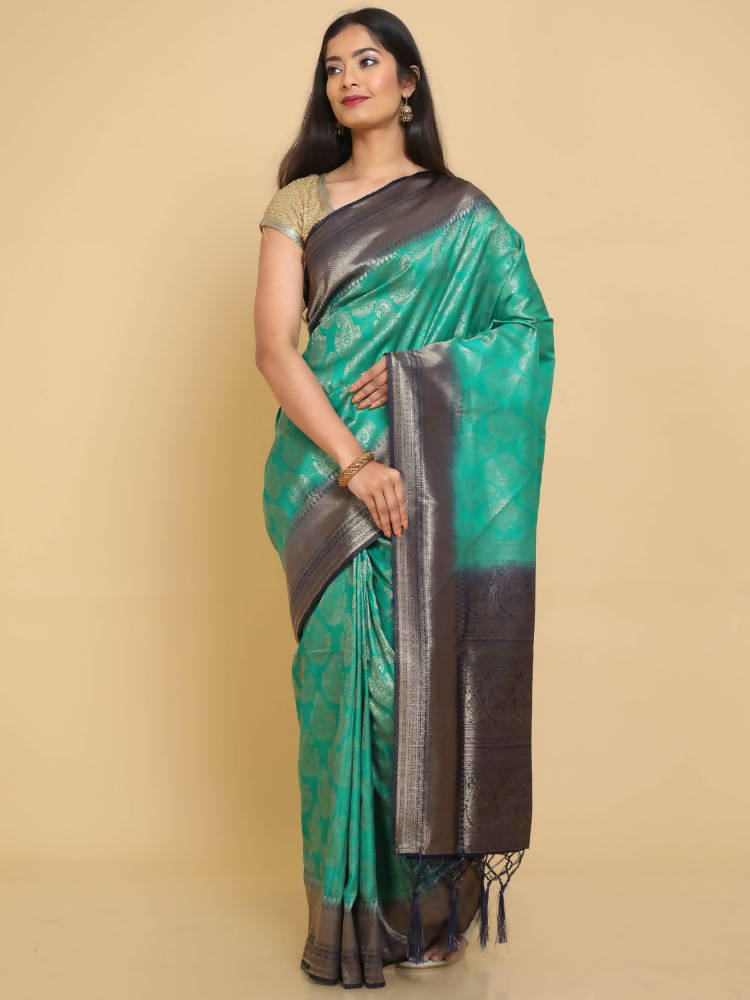 Kalamandir Ethnic Motifs Teal Silk Blend Saree | Grocsy