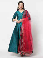 Myshka Green Silk Solid 3/4 Sleeve V Neck Casual Anarkali Kurta Dupatta Set | Grocsy