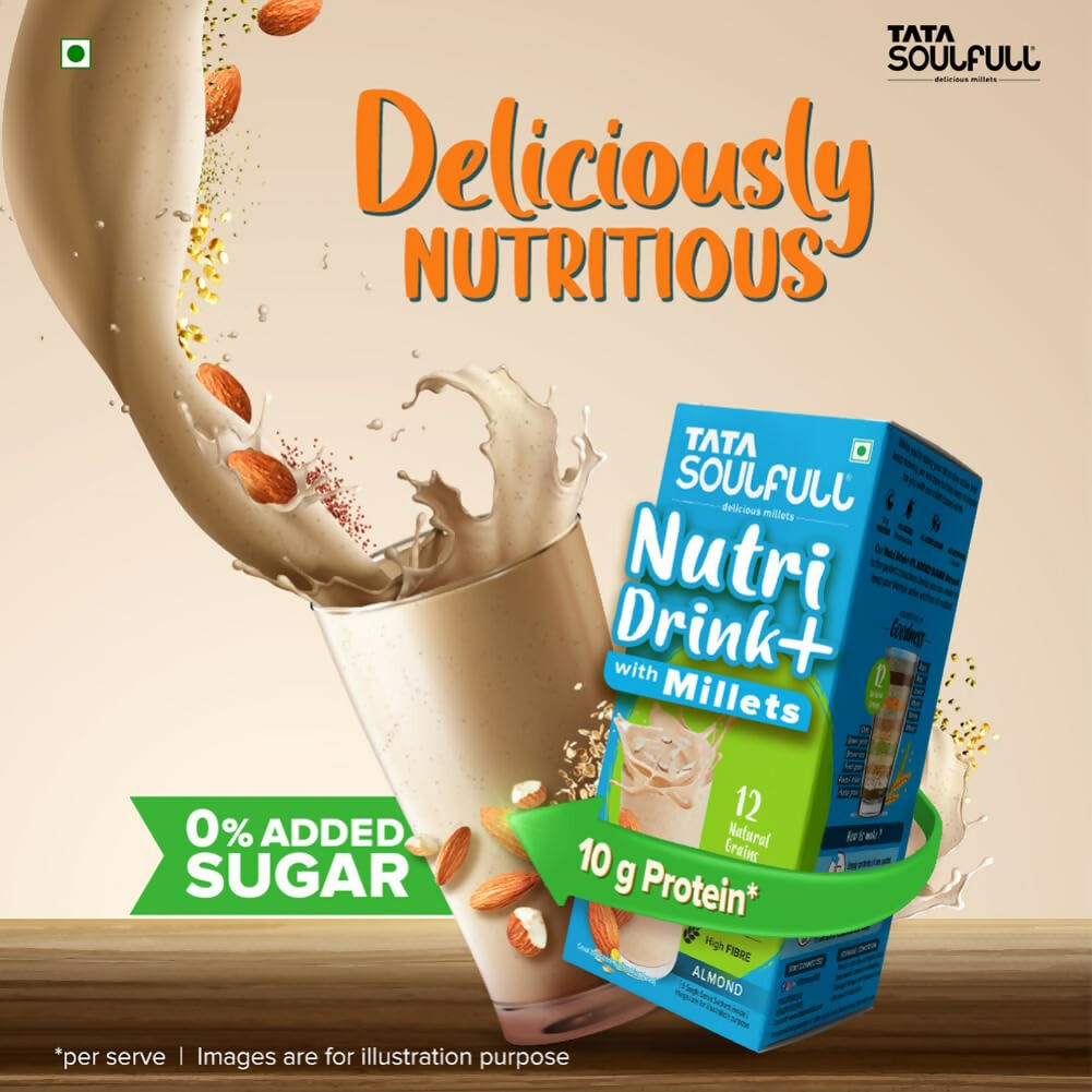 Tata Soulfull Nutri Drink+ With Millets, 0% Added Sugar - Almond Flavor | Grocsy