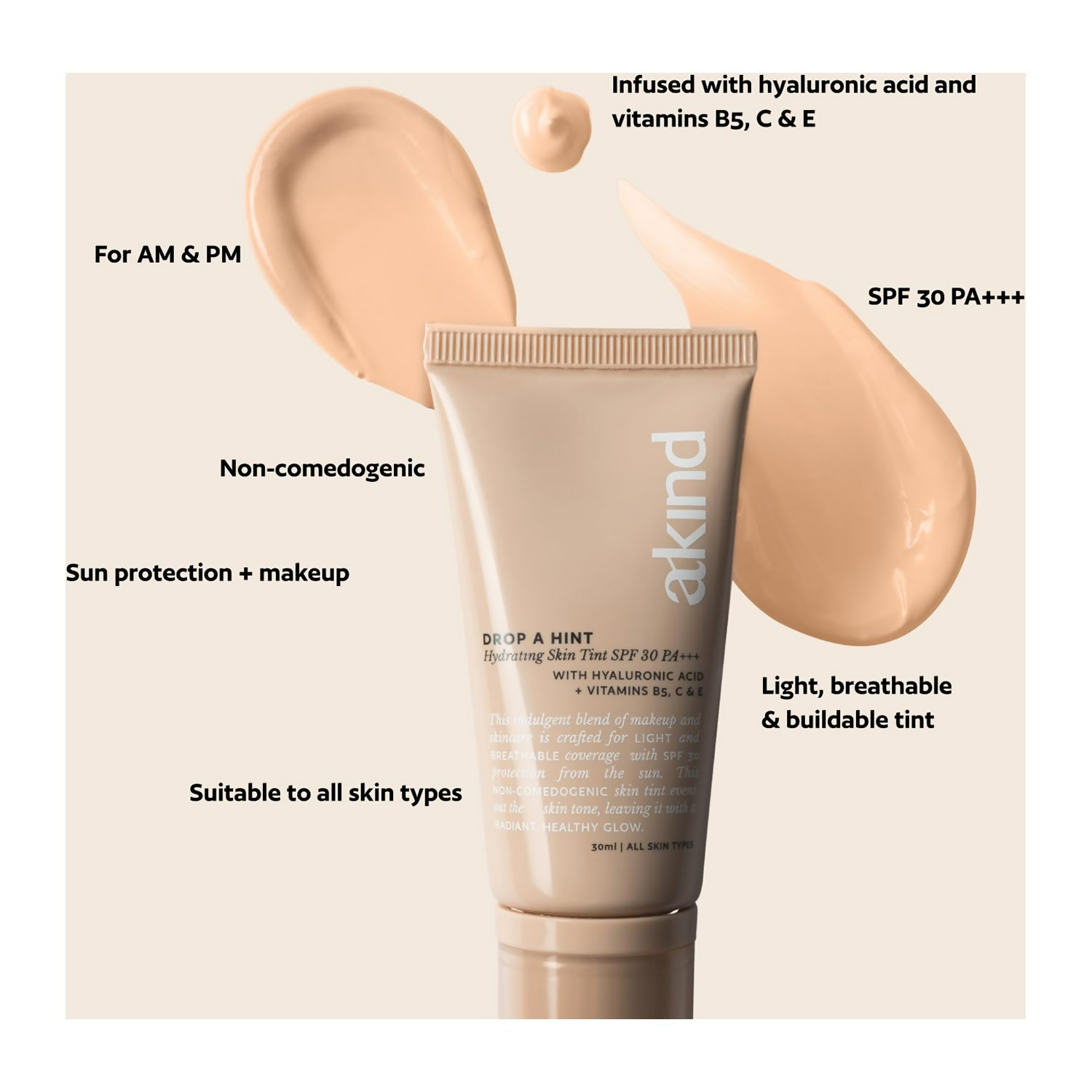 Akind Drop A Hint Hydrating Skin Tint Spf 30 Pa+++ 130 Sand | Grocsy