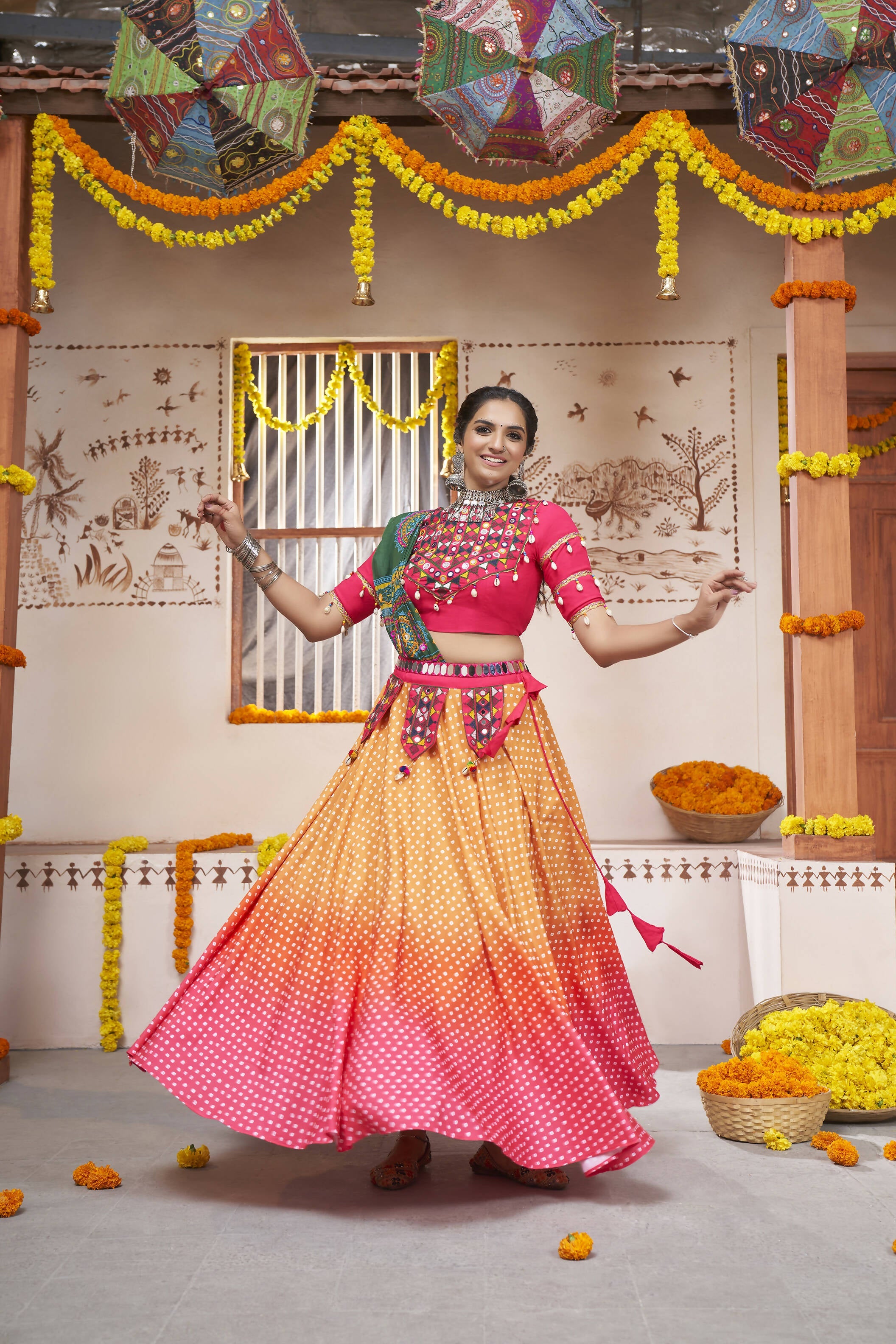 Yellow Rayon All over Print with Embroidery Patch Work Navratri Lehenga Choli with Dupatta - Raas | Grocsy