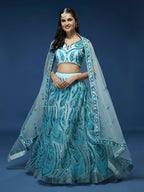 House of Panchhi Seagreen Net Sequins Embroidered Lehenga & Blouse with Dupatta | Grocsy