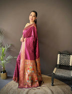 Joban Fashion Maroon Jacquard Butti Soft Lichi Silk Paithani Saree | Grocsy