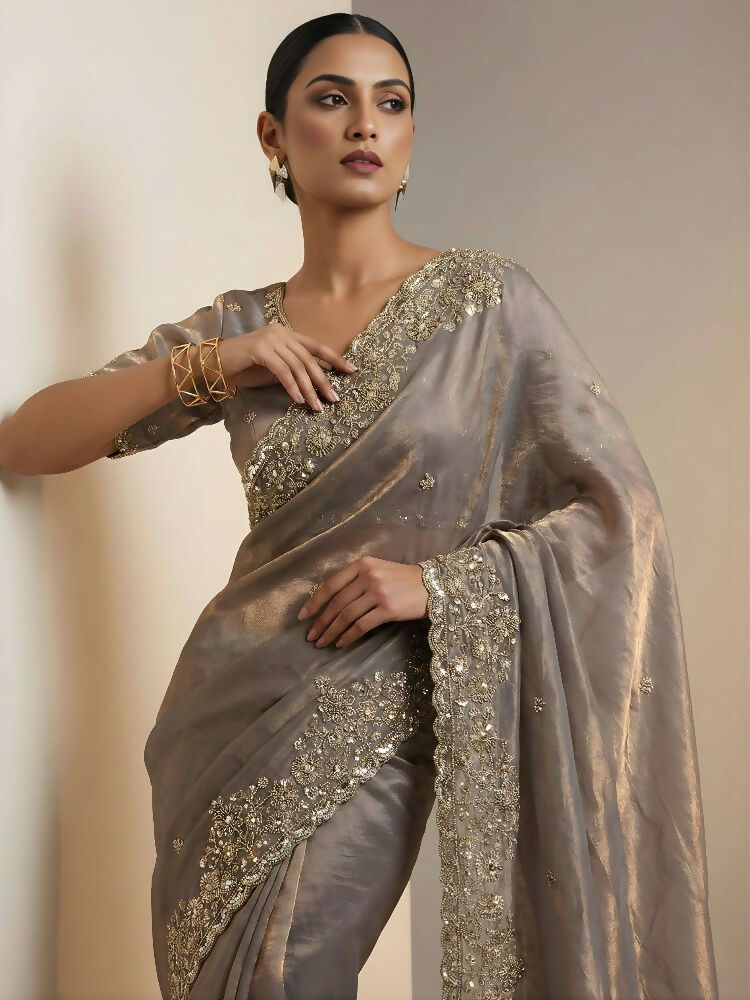 Joban Fashion Beige Fandy Satin Silk Party Wear Sarees | Grocsy