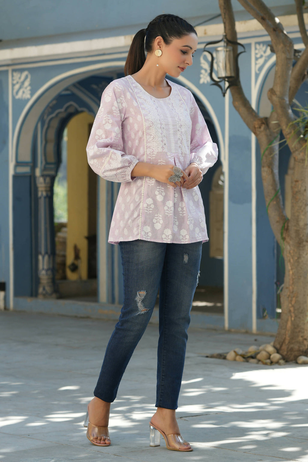 Juniper Women's Lavender Cambric Placement Floral Printed Tunic | Grocsy