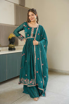 Teeya Creation Rama Color Heavy Crush Silk Wedding Wear Embroidery Work Long Gown | Grocsy