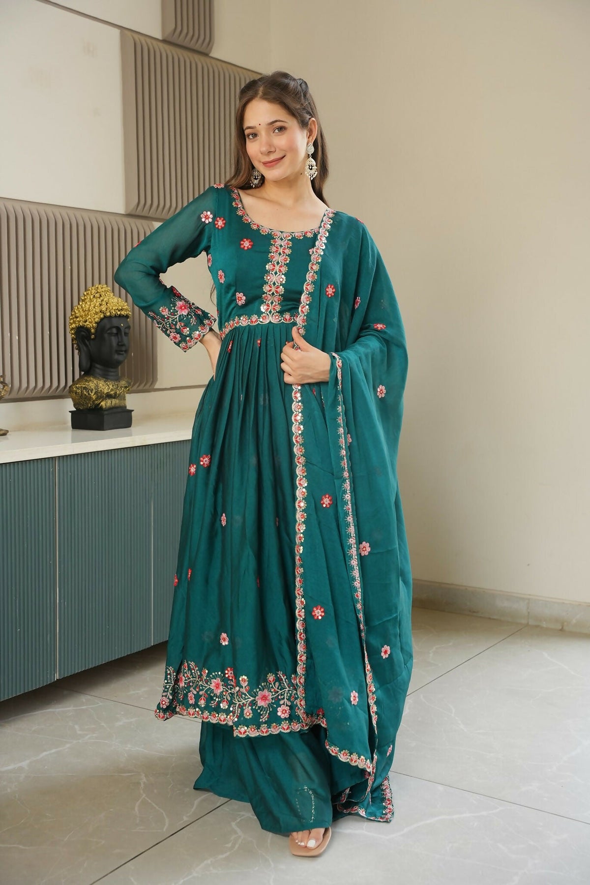 Teeya Creation Rama Color Heavy Crush Silk Wedding Wear Embroidery Work Long Gown | Grocsy