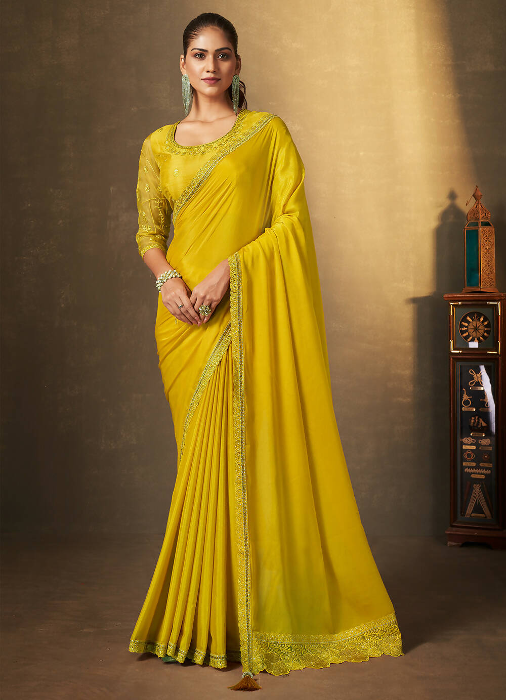 Mustard Satin Silk Floral Embroidered with Swaroski Work Saree With Unstitched Blouse Piece - Norita Royal Erisha | Grocsy