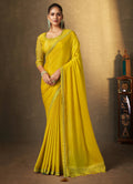 Mustard Satin Silk Floral Embroidered with Swaroski Work Saree With Unstitched Blouse Piece - Norita Royal Erisha | Grocsy