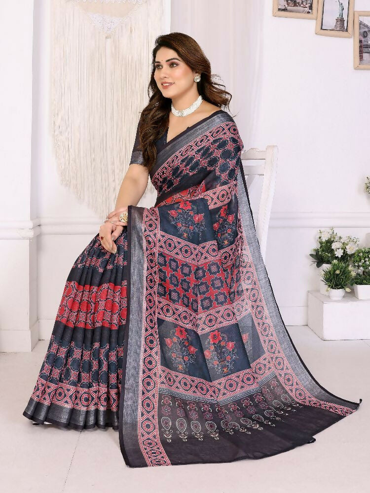 PR Fashion Wine Handloom Linen Cotton Zari Saree | Grocsy