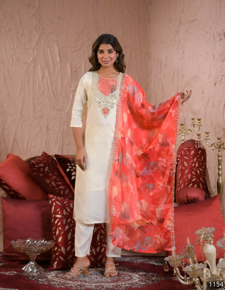 Ethnic Festive Wear Chanderi Silk Cream Stitched Suit With Dupatta - Tanisha | Grocsy