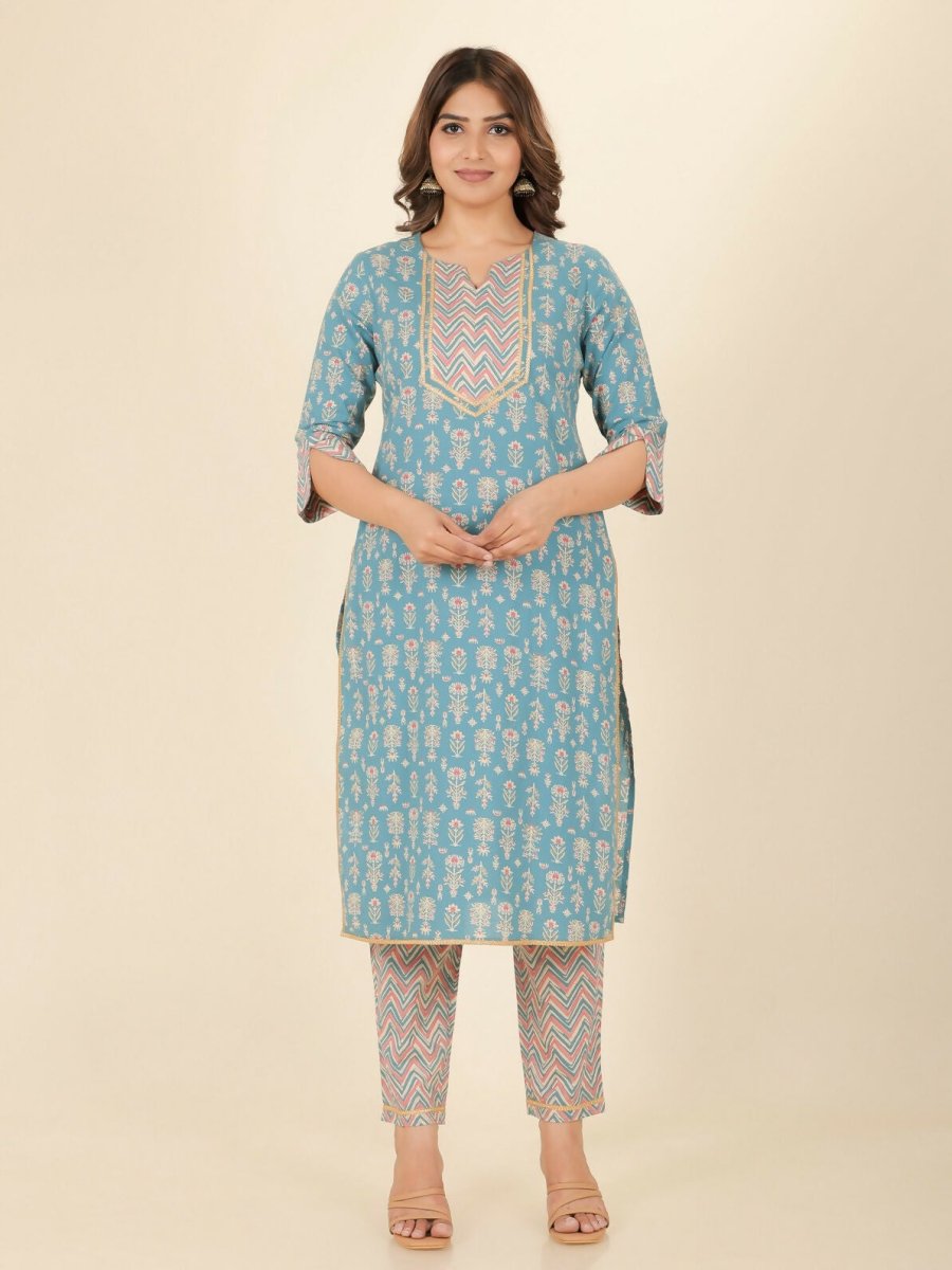 Aramya Straight Soft Cotton Floral Print Women's Kurta Set - Green | Grocsy