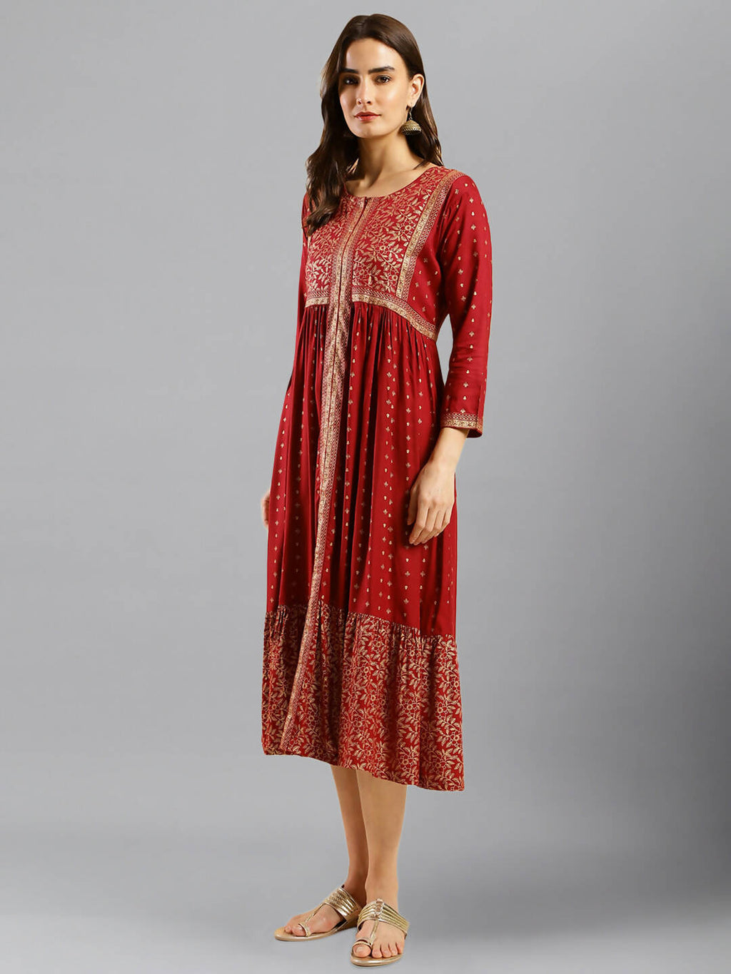 Maroon Viscose Rayon Ethnic Motifs Aline Dress - Poonam | Grocsy
