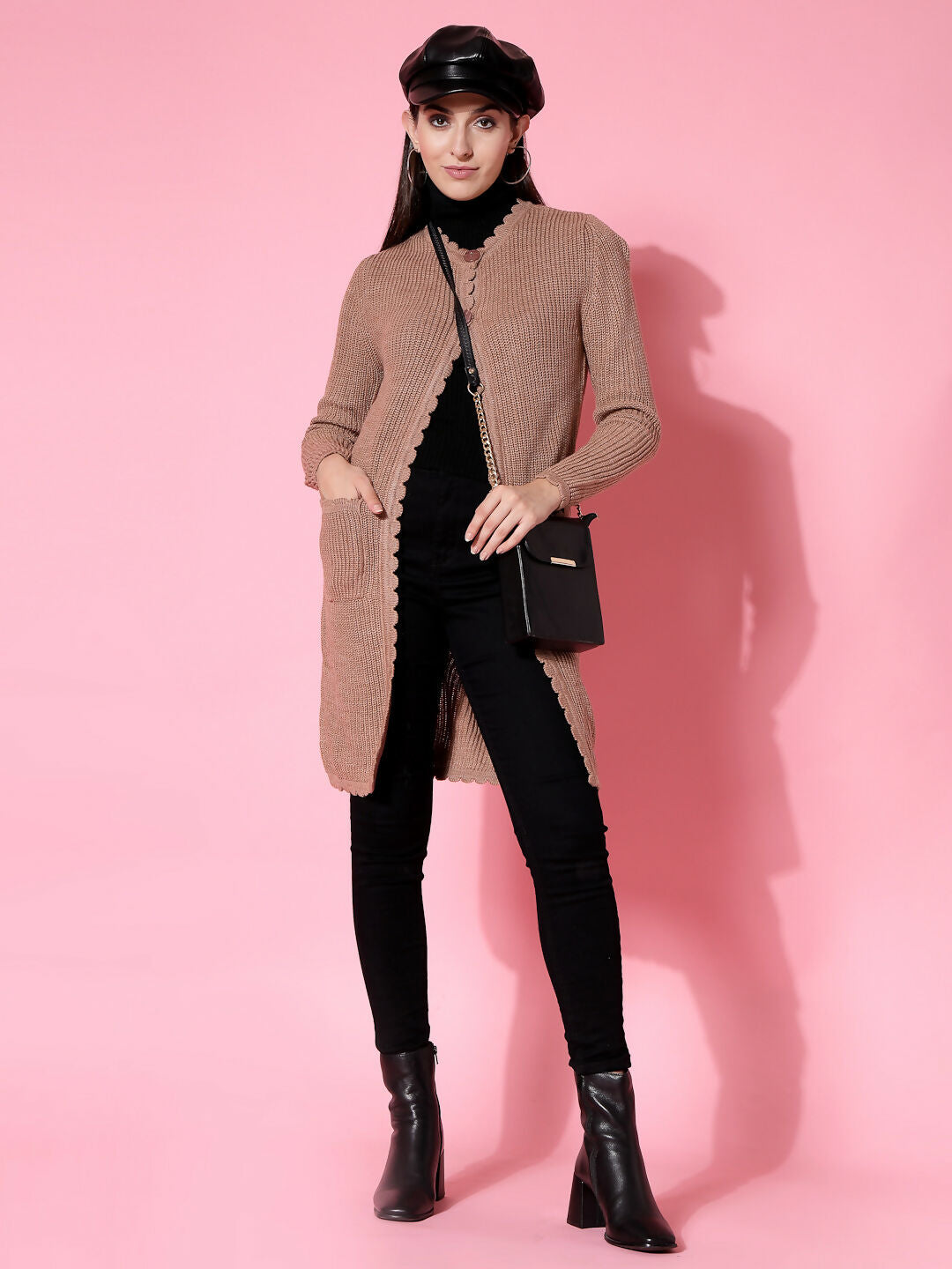 Women Self Design Long Brown Acrylic Winter Shrug - Wool Trees | Grocsy