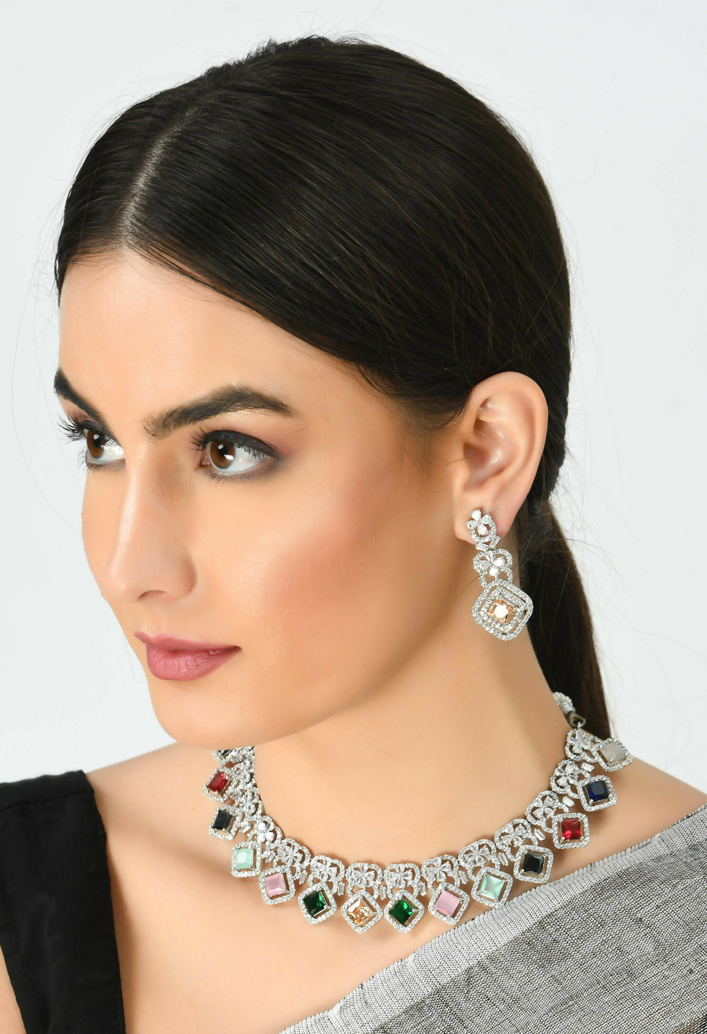 Mominos Fashion Johar Kamal Women Silver-Plated American Diamond Multi Colour Choker Set | Grocsy