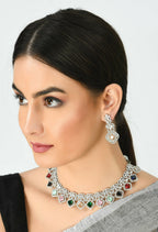 Mominos Fashion Johar Kamal Women Silver-Plated American Diamond Multi Colour Choker Set | Grocsy