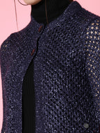 Women Self Design Navy Blue Acrylic Winter Shrug - Wool Trees | Grocsy