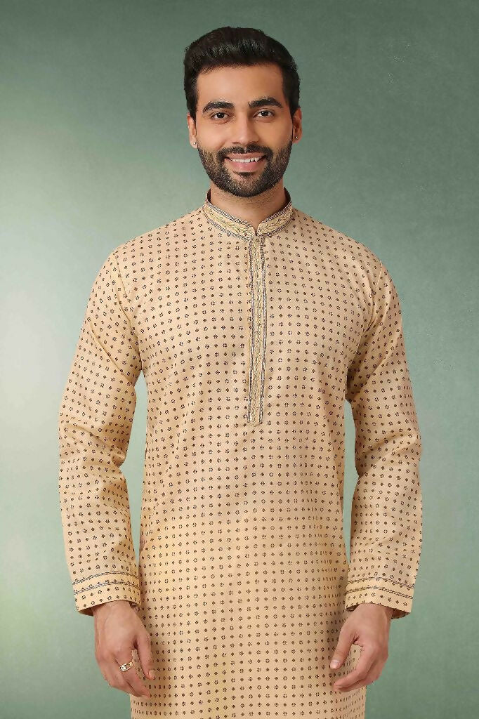 Raivat Ethnic Cotton Printed Work Kurta Pajama In Beige Colour | Grocsy