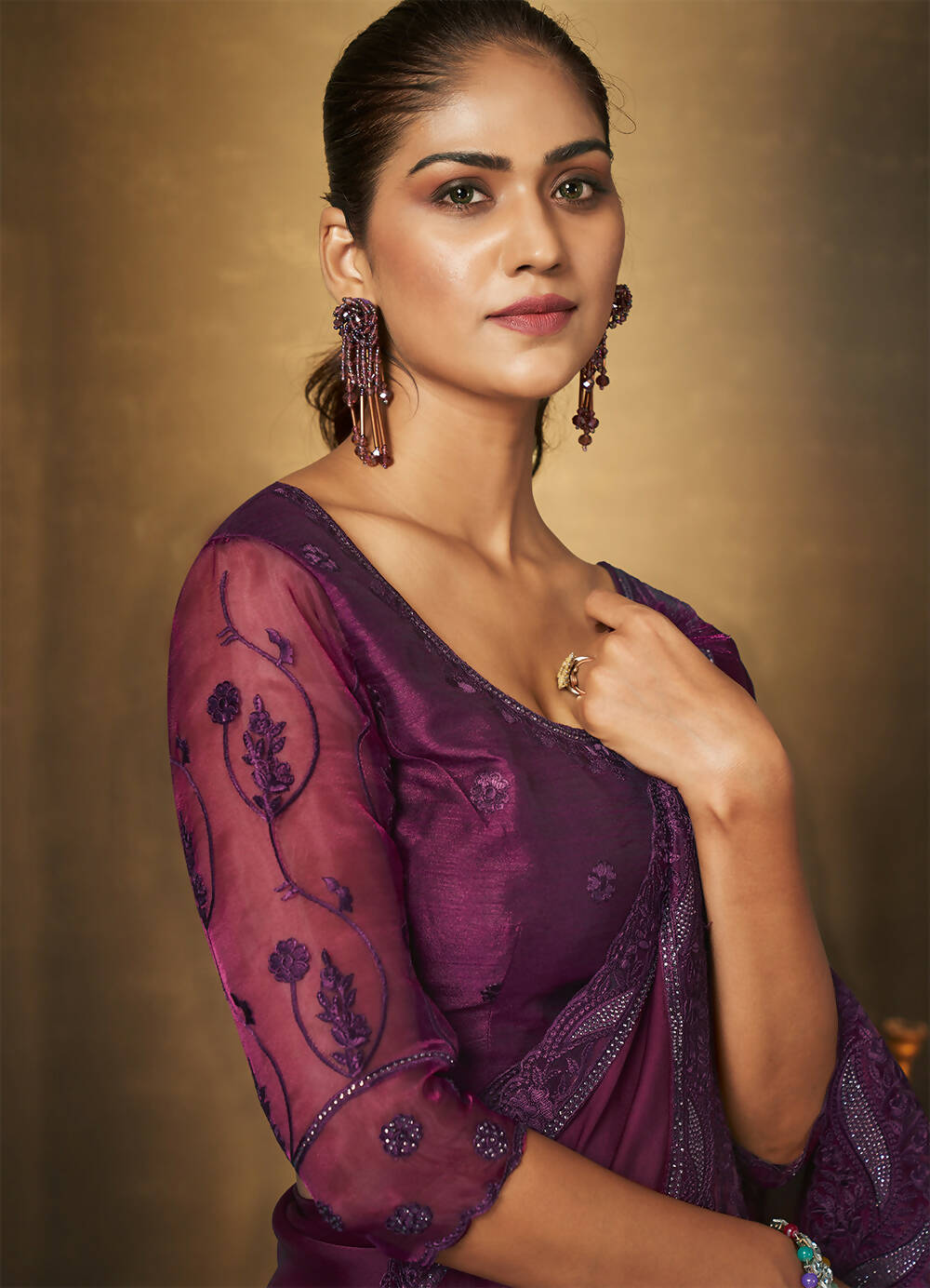 Purple Satin Silk Thread Embroidered with Swaroski Work Saree With Unstitched Blouse Piece - Norita Royal Erisha | Grocsy