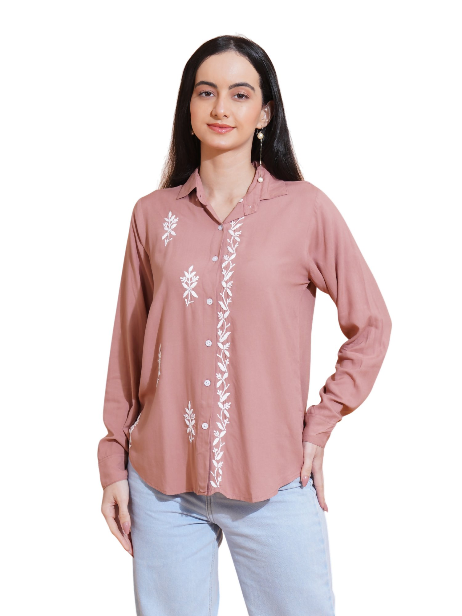 Pahnaz Modal Chikankari Handwork Shirt-Brown | Grocsy