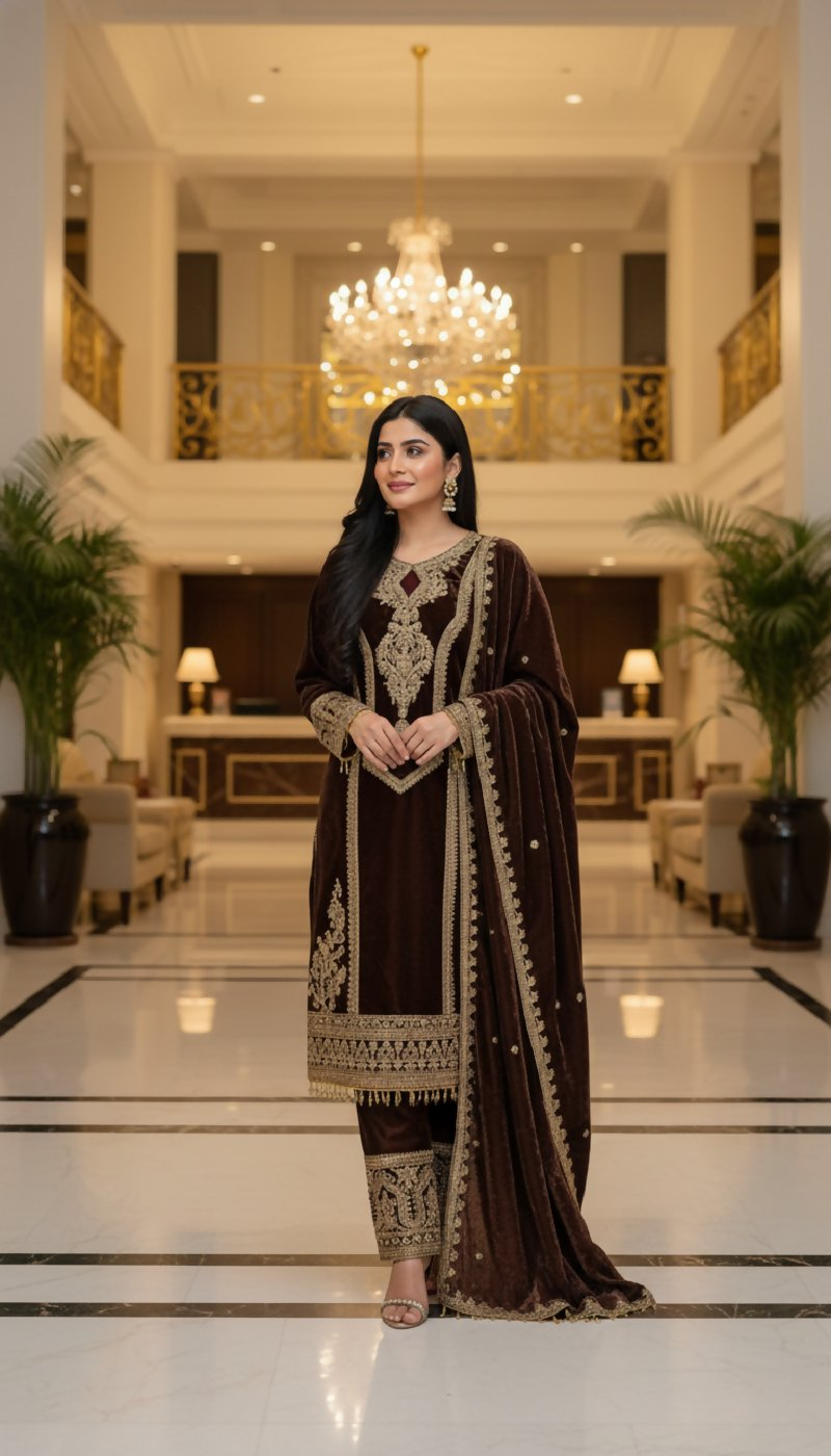 Joban Fashion Coffee Kurta Set Velvet Embroidery Sequence Work | Grocsy