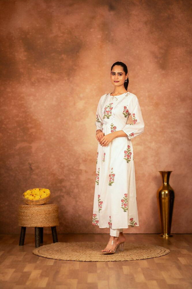Joban Fashion Off White Pink Floral Hand Block Printed Cotton Kurta Pant Set | Grocsy