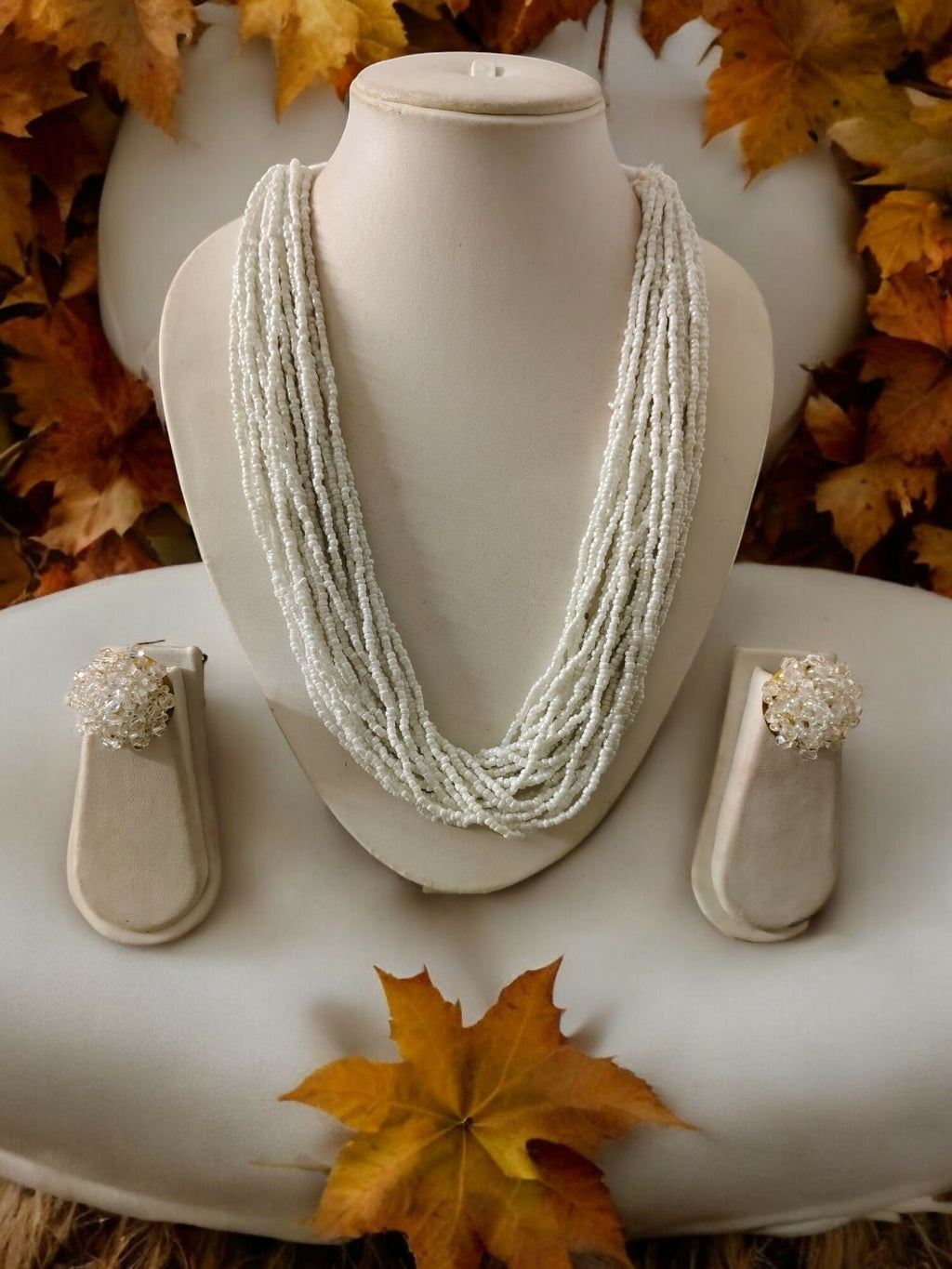 Inhanns Vibrant Handmade 20 Layers Beaded Necklace With Matching Earrings - White Pending | Grocsy