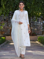 Juniper Women's Off-White Chinnon Embroidered Kurta Pant Dupatta Set | Grocsy