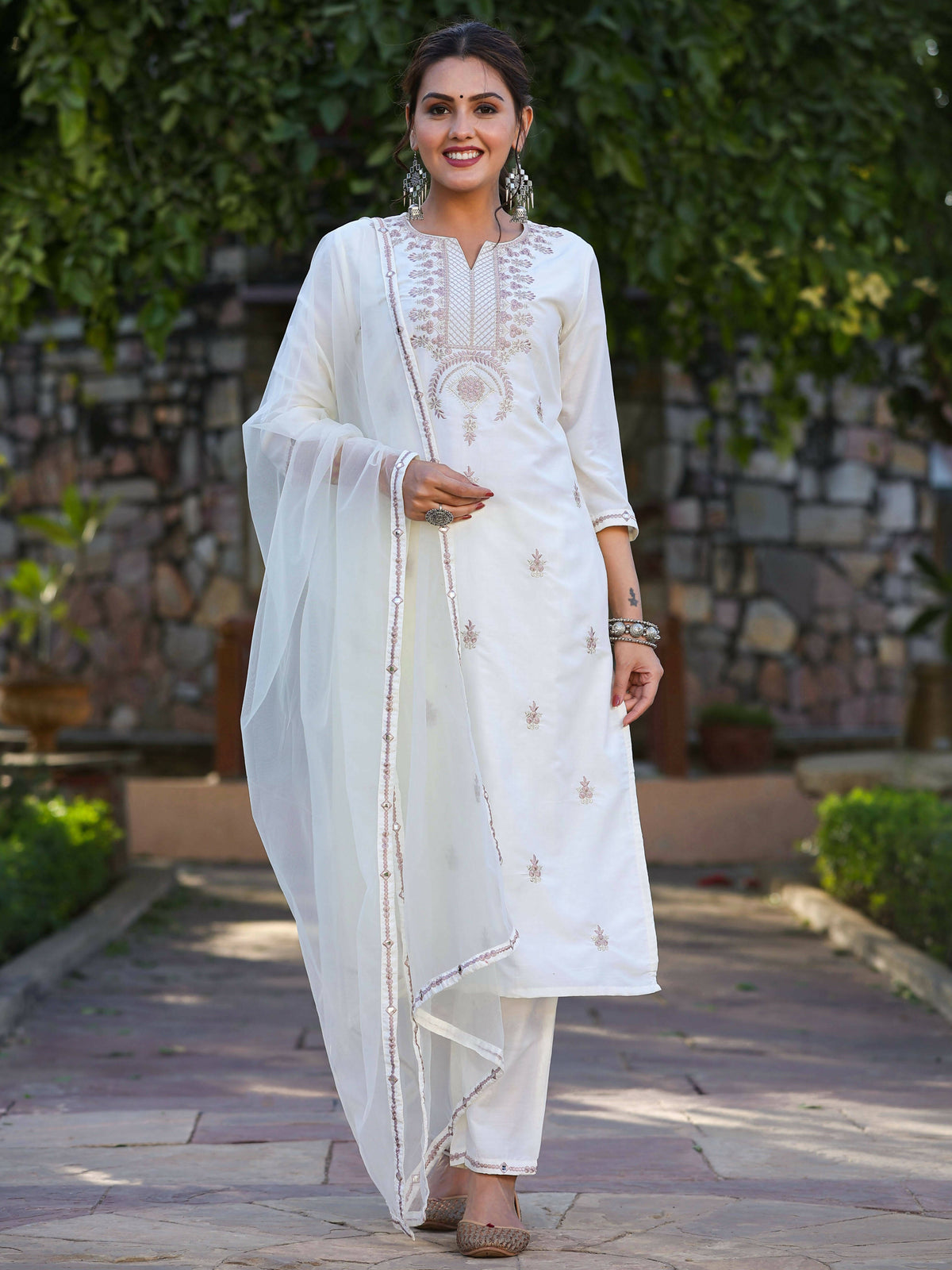 Juniper Women's Off-White Chinnon Embroidered Kurta Pant Dupatta Set | Grocsy