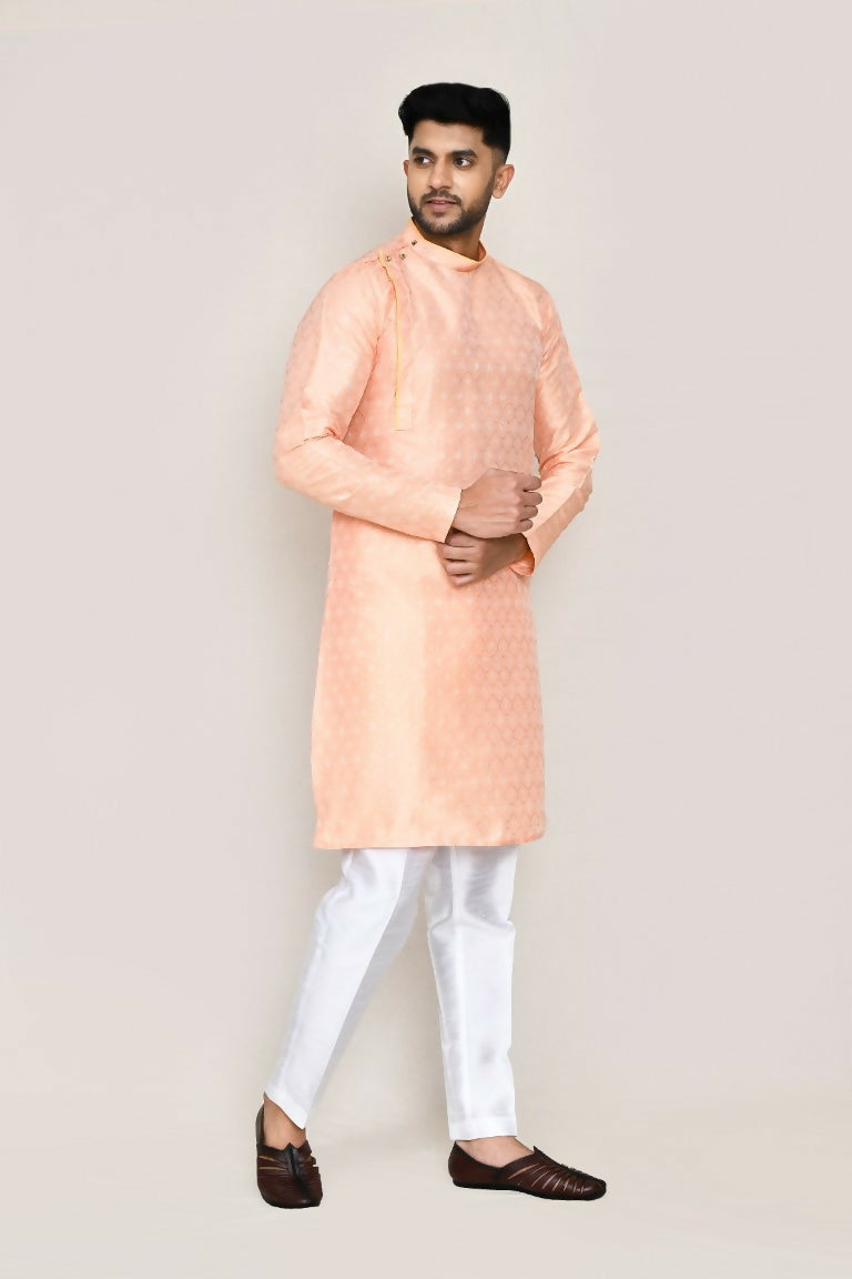 Joban Fashion Peach Colored Jacquard Silk Fabric Kurta With Straight Fit Pant | Grocsy