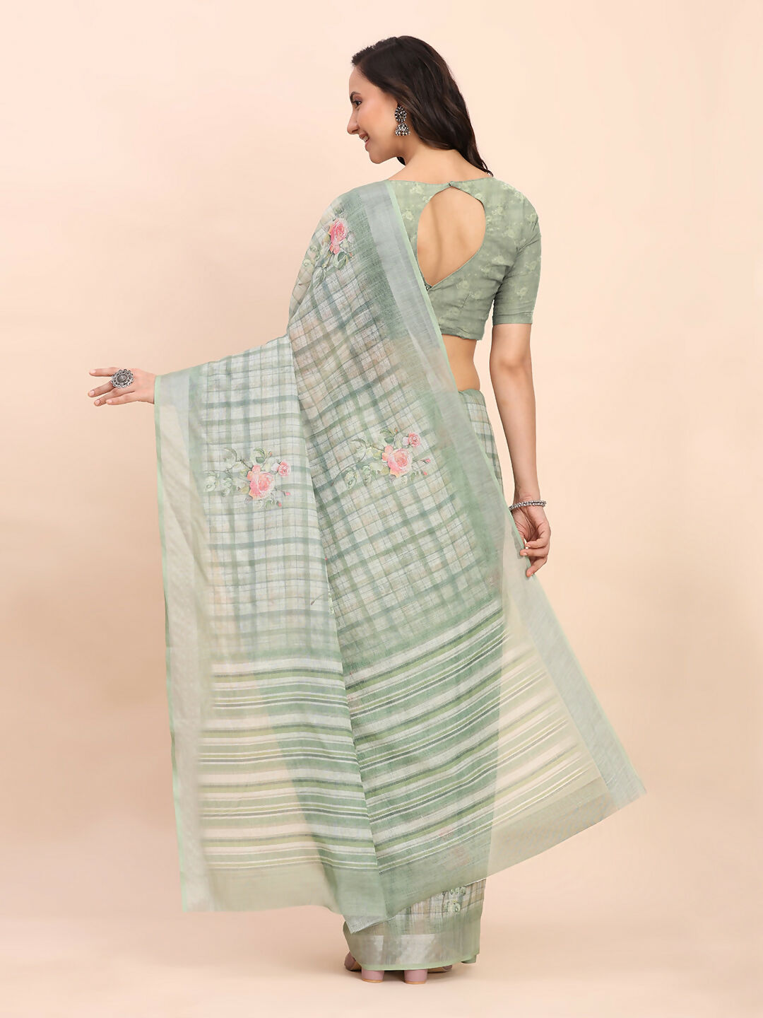 Shree Shyam Fashion Linen Cotton Light Green Saree | Grocsy