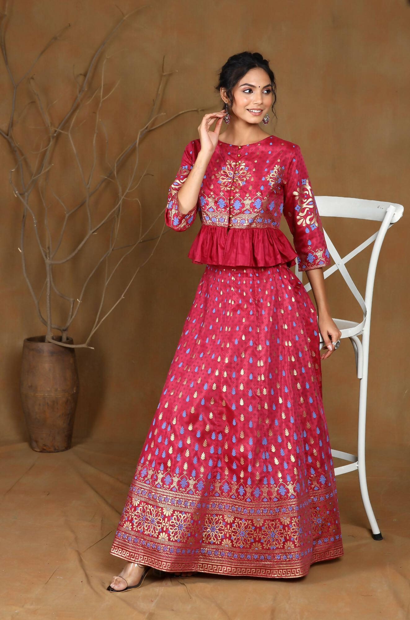 Juniper Women Burgundy Shantoon Printed Flared Lehenga Choli Sets | Grocsy