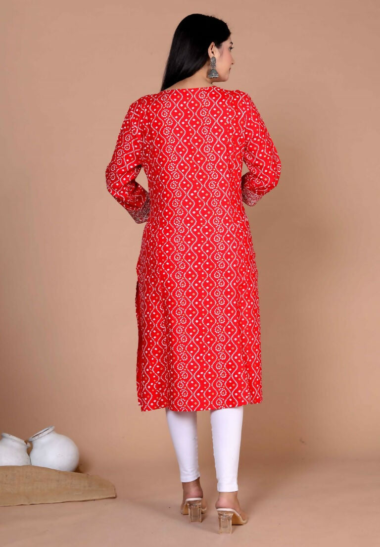 Miravan Women's Festive Wear Red Bandhani Printed Straight Kurta | Grocsy