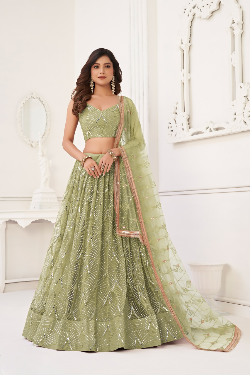 Eilara Glamorous Pista Green Net With Sequins And Thread Embroidery Real Mirror Work Lehenga Choli For Wedding | Grocsy