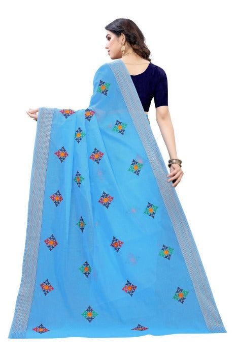 Vamika Chanderi Cotton Embroidery Blue Saree (Dixa Blue) | Grocsy