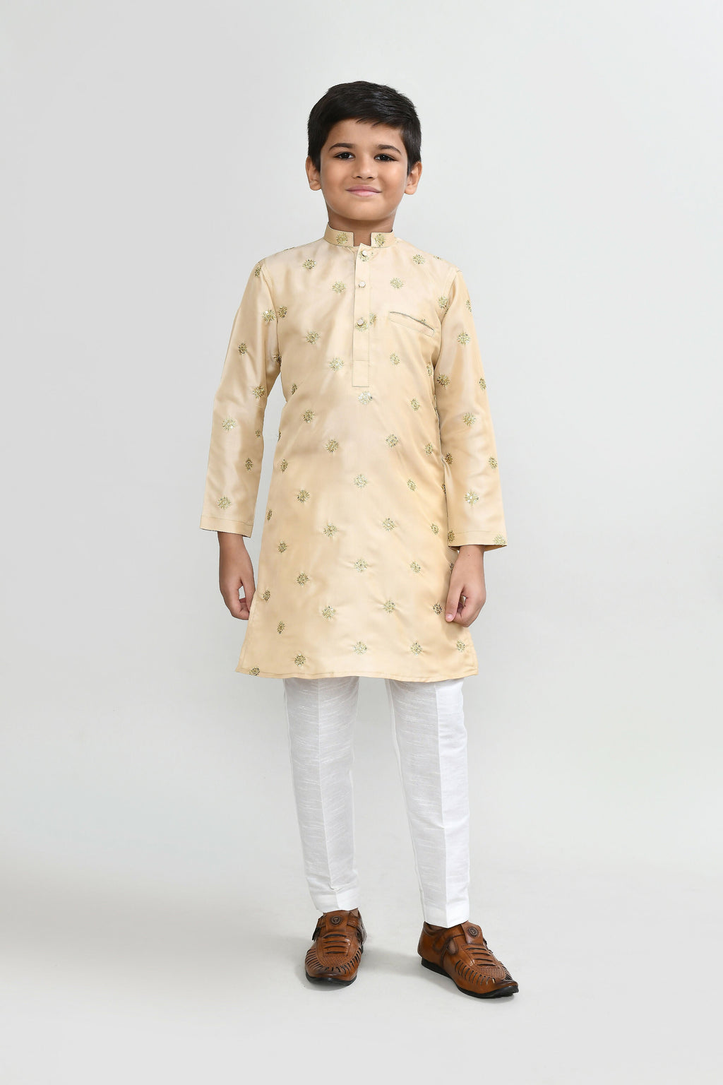 Joban Fashion Satin Silk Beige Kurta With Straight Fit Pant | Grocsy