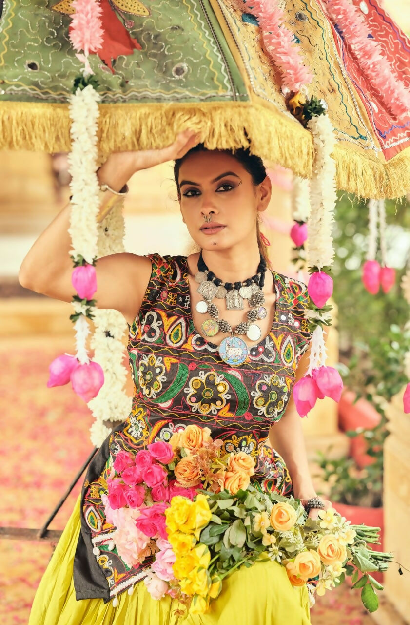 Teeya Creation Lemon Yellow Colour Rayon Silk Embroidery Work Fully Stitched Navratri Lehenga | Grocsy