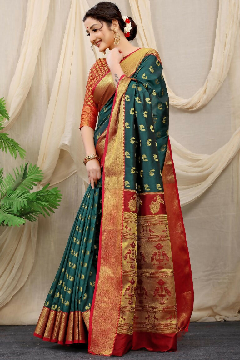 Jyoti Fashion Women's Bottle Green Banarasi Silk Zari Woven Saree with Blouse | Grocsy
