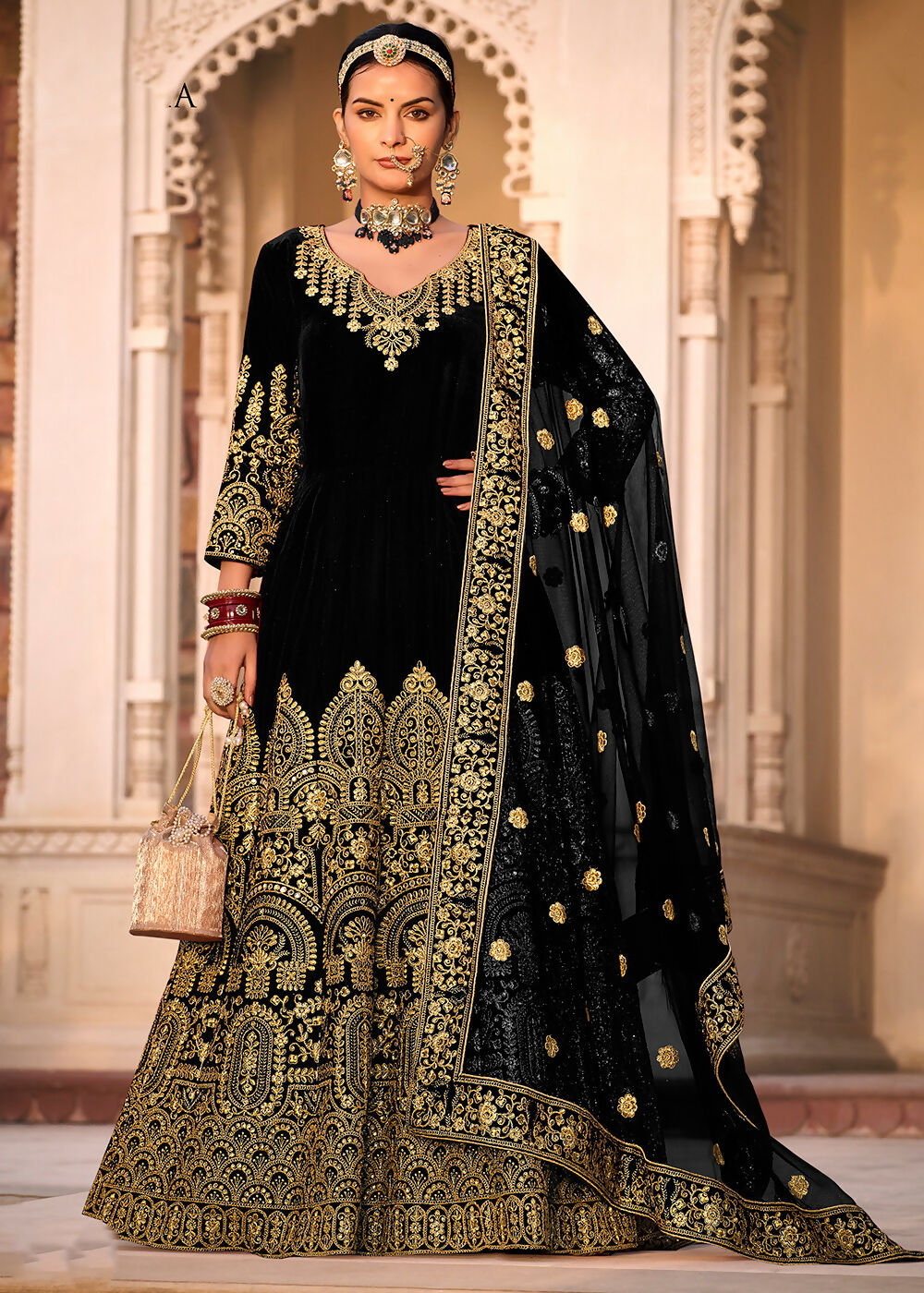 Black Velvet Front & Back Embroidery Wedding Anarkali Suit - Emponline | Grocsy