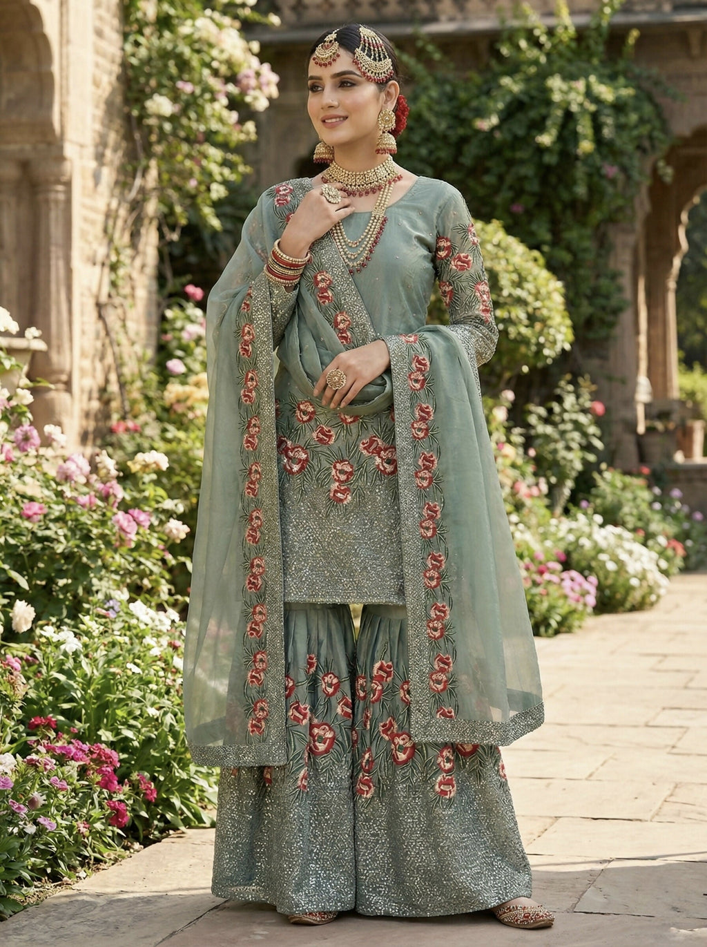 Teeya Creation Teal Fendy Silk Heavy Embroidery Work Party Wear Sharara Suit | Grocsy