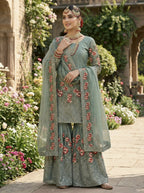 Teeya Creation Teal Fendy Silk Heavy Embroidery Work Party Wear Sharara Suit | Grocsy