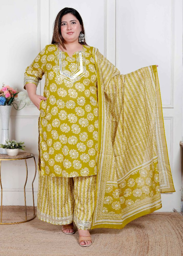 Miravan Plus Size Women'S Lime Yellow Embroidered Straight Kurta With Palazzo And Dupatta | Grocsy
