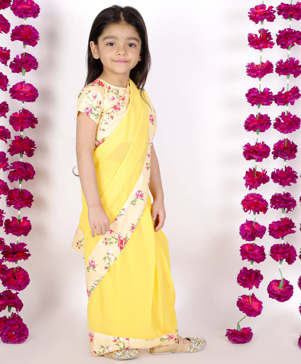Little Bansi Girls Yellow Color 90's Era Saree with Silk Floral Blouse | Grocsy