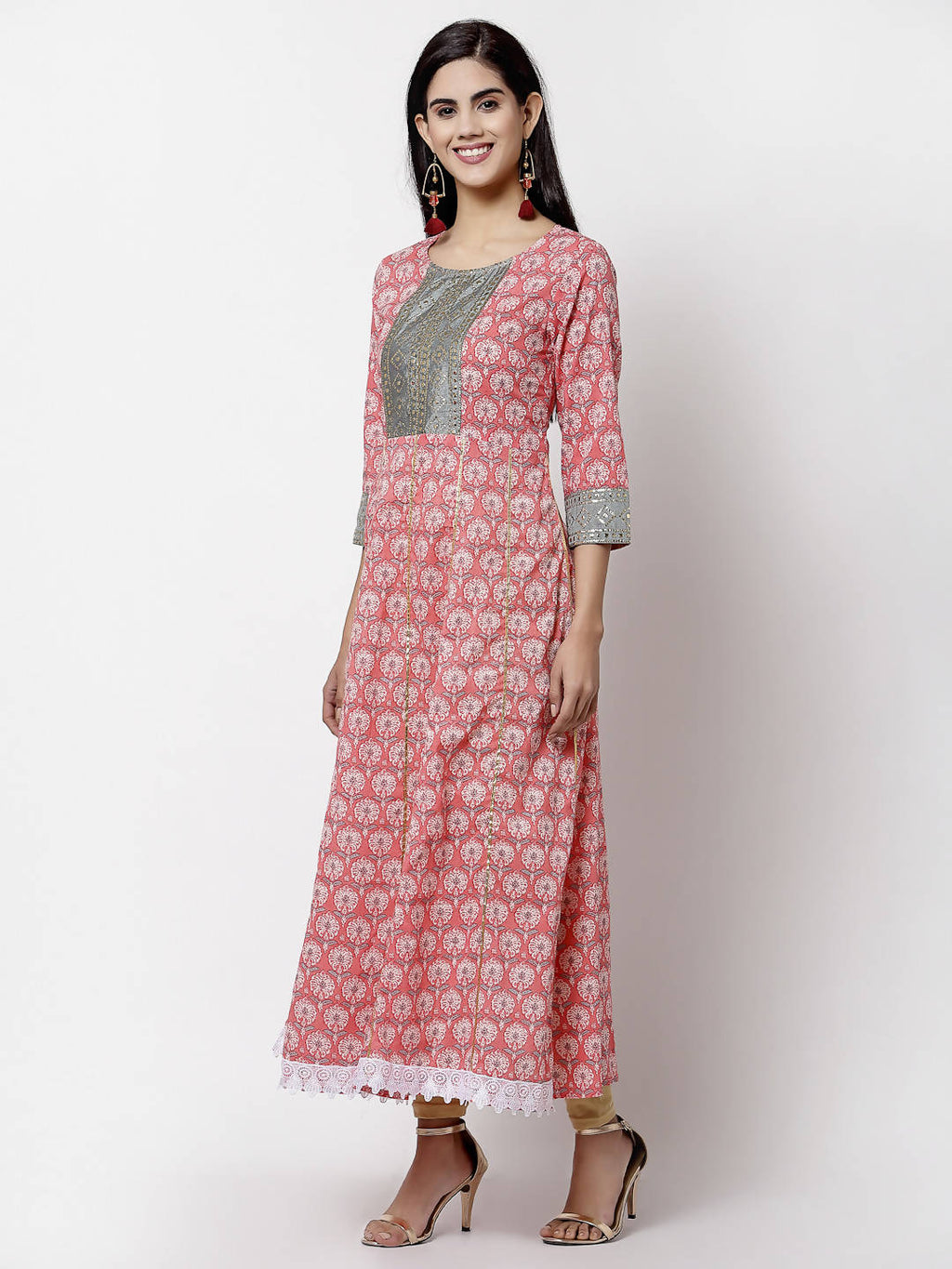 Myshka 3/4 Sleeve Pure Cotton Round Neck Printed Dress For Women | Grocsy